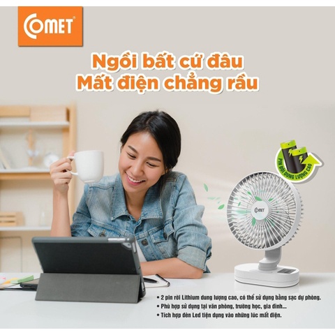 Quạt sạc đa năng Comet CRF1406 có đèn Led, pin Lithium 2 viên x 1500 mAh - Hàng chính hãng - BH 12 Tháng