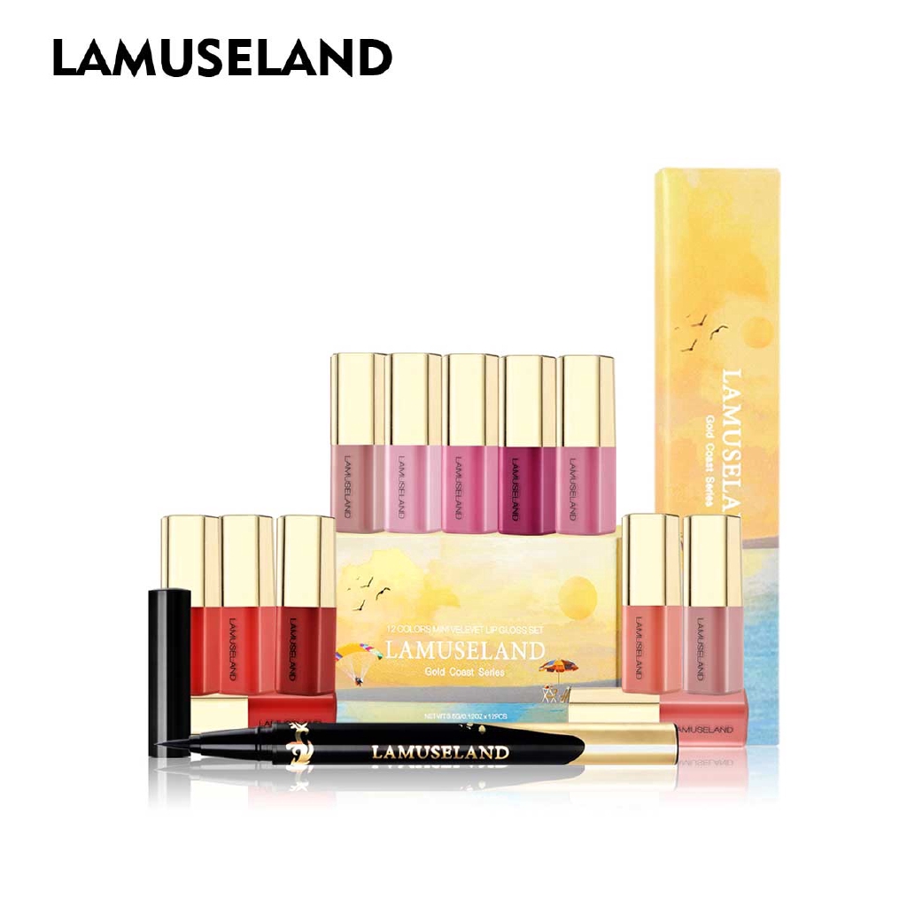 LAMUSELAND Makeup Lip Gloss and Waterproof Black Eyeliner Pen LAS402 Set 12Pcs/Set