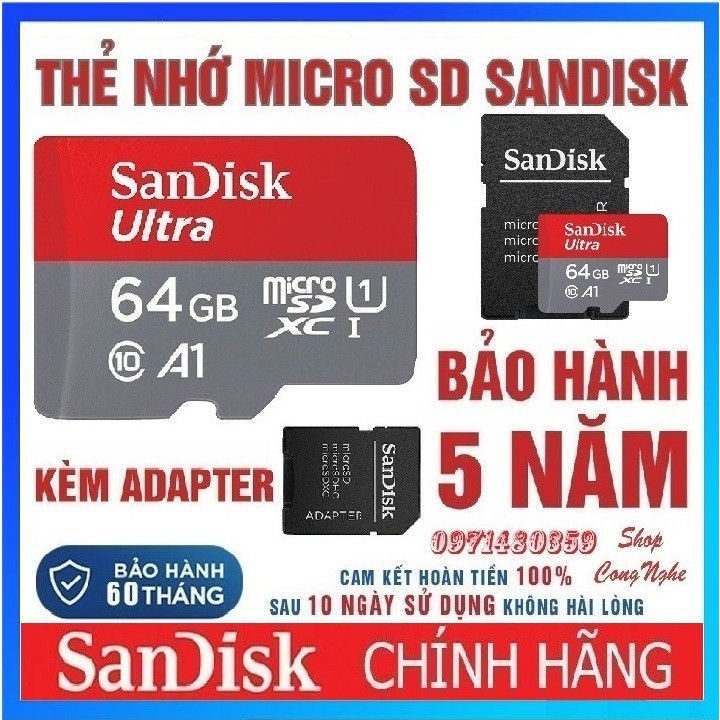 Thẻ nhớ MicroSDHC 64GB 32GB 16GB SanDisk Ultra Class 10 chuyên dụng cho camera, điện thoại, loai đài