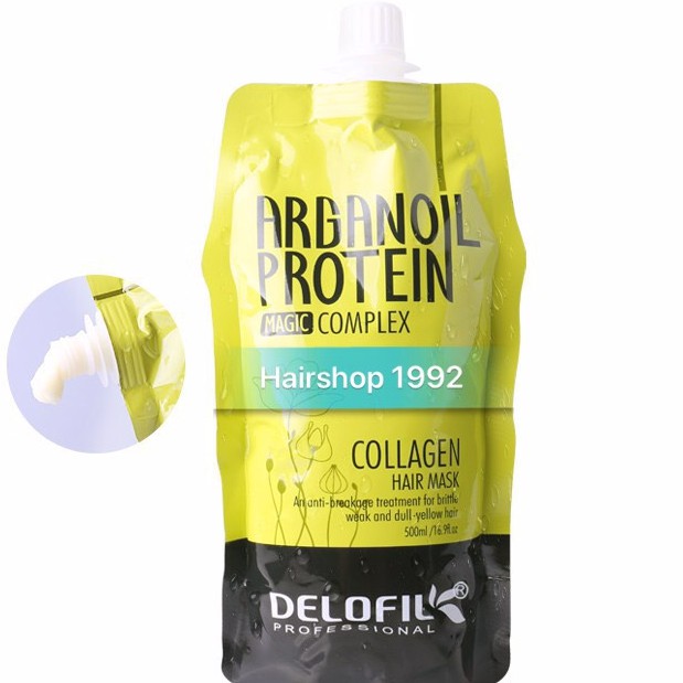 KEM DẦU HẤP Ủ TÓC PHỤC HỒI DƯỠNG ẨM COLLAGEN DELOFIL ARGANOIL PROTEIN SIÊU MƯỢT 500ML(TÚI)