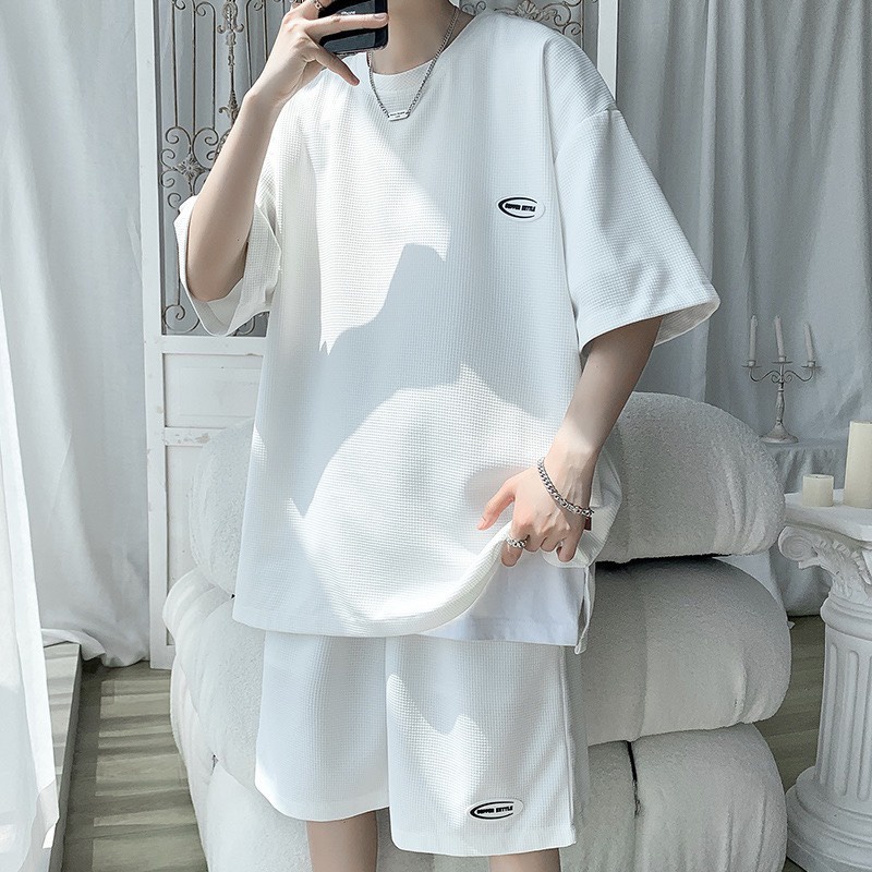 [RẺ VÔ ĐỊCH] Bộ thun cộc tay unisex form rộng nam nữ thêu logo basic chất liệu cotton tổ ong mềm mát