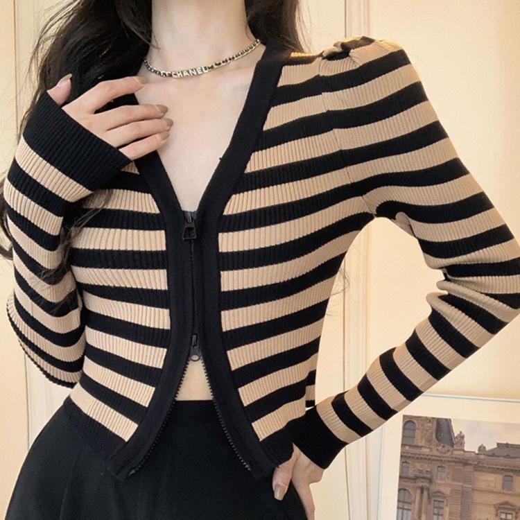 Áo Khoác Len Cardigan Tay Dài Cổ Chữ v Họa Tiết Kẻ Sọc Thời Trang Dành Cho Nữ