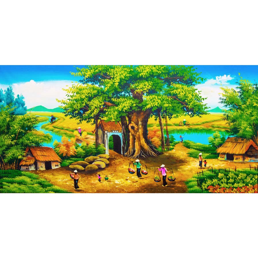 Tranh Dán Tường 3D Đồng Quê Non Xanh Nước Biếc, đồng lúc chín vàng, ao sen nở rộ, cây đa dầu làng, dòng sông xanh mát