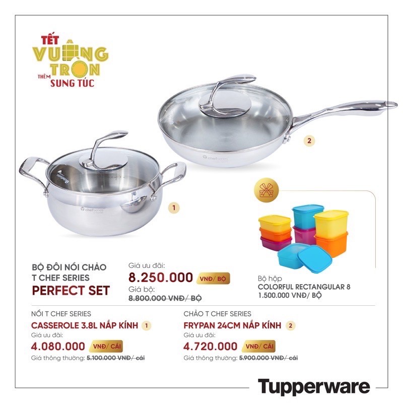 tupperware Nồi 3,8L / 5.7L Chảo 24 cm / 28 cm T chef