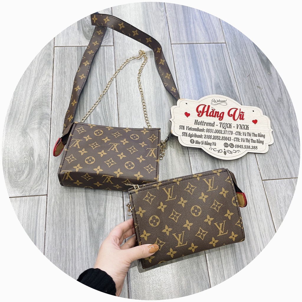 Clutch cầm tay LV hoa nâu nữ,FREESHIP,size 20 cm