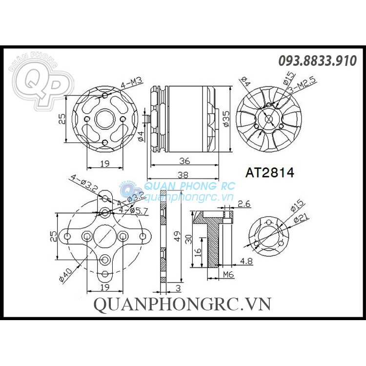 Động cơ T-Motor AT2814 KV1000 brushless Motor 3-6S