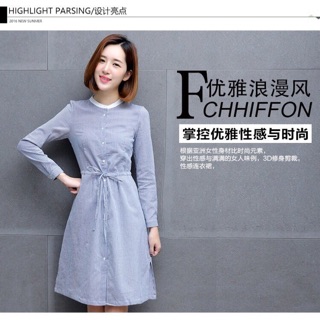 Đầm kẻ sọc cổ trụ cài nút