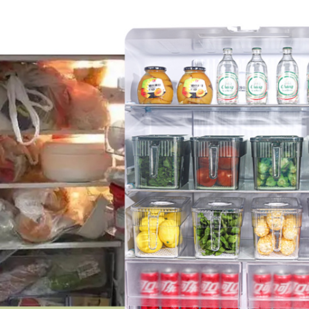 Hộp nhựa đựng thực phẩm, hộp bảo quản thực phẩm tủ lạnh trong suốt có khay lót đáy và tay cầm tiện lợị
