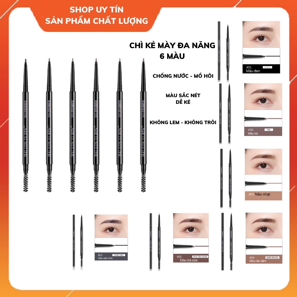Chì Kẻ Lông Mày 2 Đầu Siêu Mảnh 6 Màu Chống Nước Kẻ Lông Mày Phẩy Sợi Đầu Kẻ Mịn Mướt Không Vón Bột 6 Màu Cao Cấp