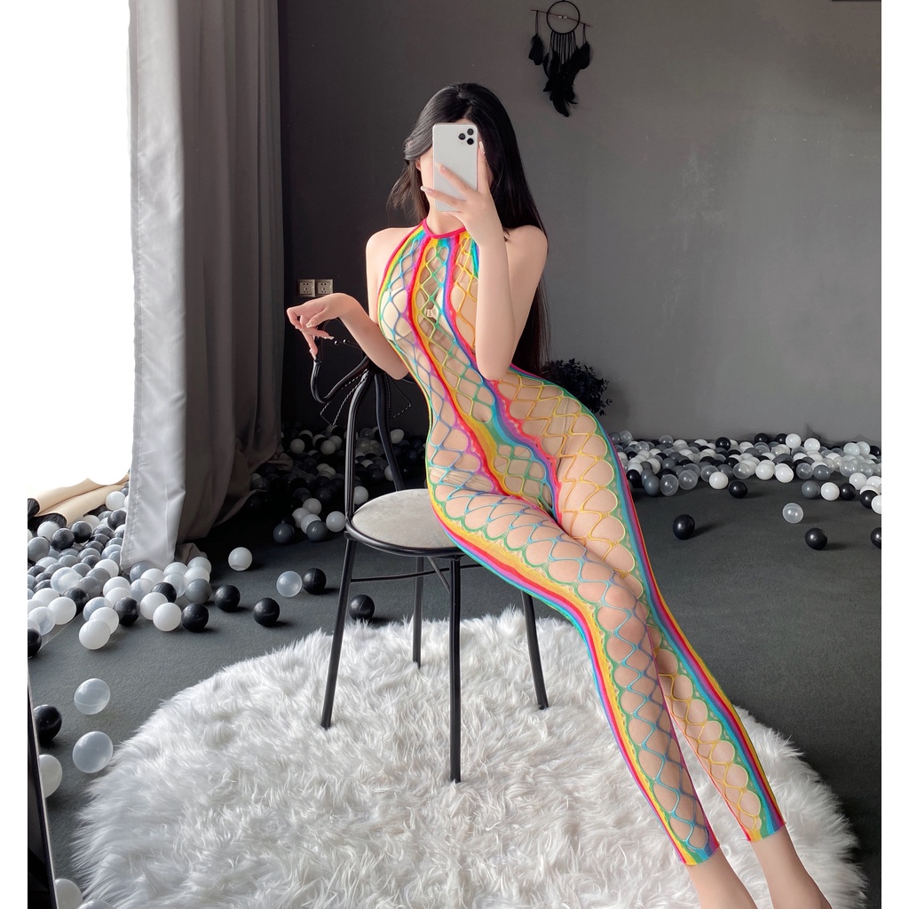 Bộ ngủ 7 sắc cầu vồng dáng yếm siêu gợi cảm MS03