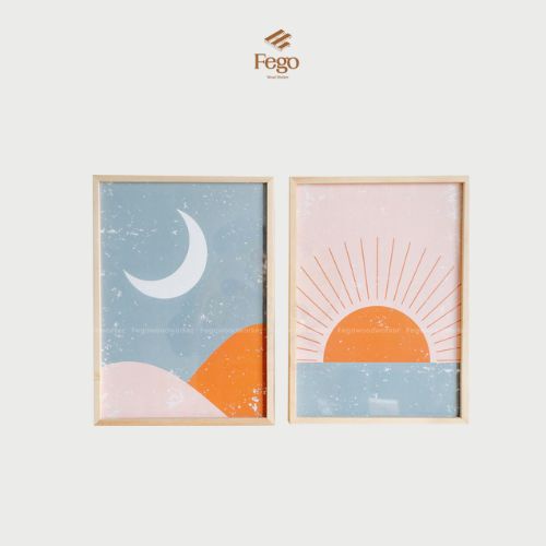 Set 2 tranh treo tường phong cách kèm khung gỗ tự nhiên size A4, A3 FEGO