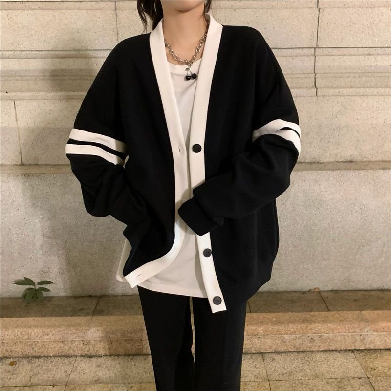 Áo Khoác Cardigan Tay Dài Dáng Rộng Màu Sắc Tương Phản Thời Trang Xuân Thu Cho Nữ