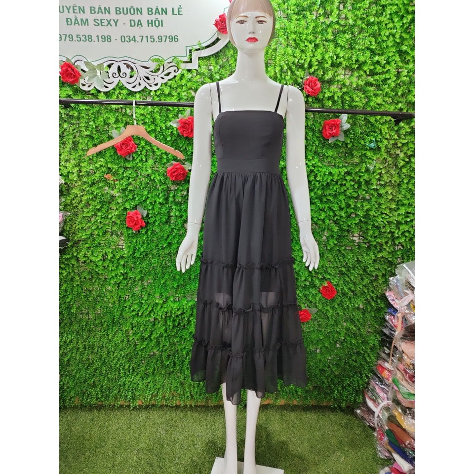 Đầm Maxi 2 dây voan cúp ngực xòe 4 tầng dáng dài, váy Maxi 2 dây đi biển.