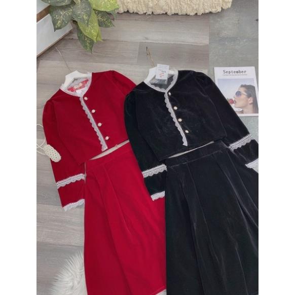 SET VÁY NHUNG VIỀN REN MIX CHÂN VÁY XOÈ DÁNG DÀI DIỆN LỄ TẾT SIÊU XINH