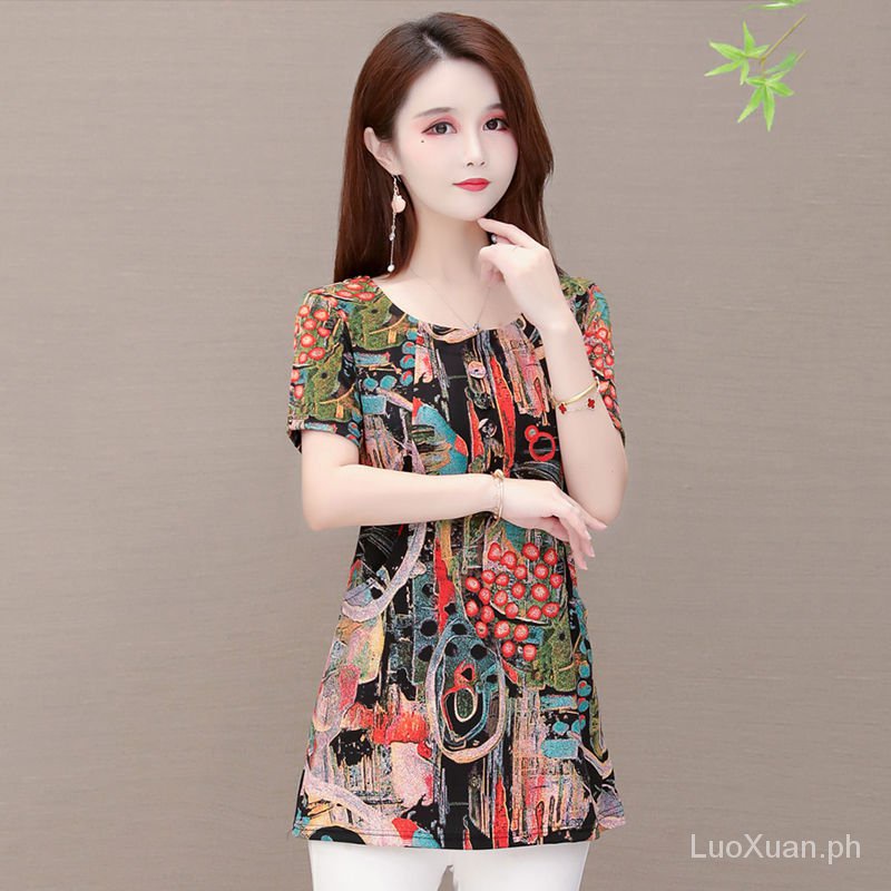 Áo Sơ Mi Tay Ngắn Dáng Rộng In Họa Tiết Thổ Cẩm Thời Trang Cho Nữ