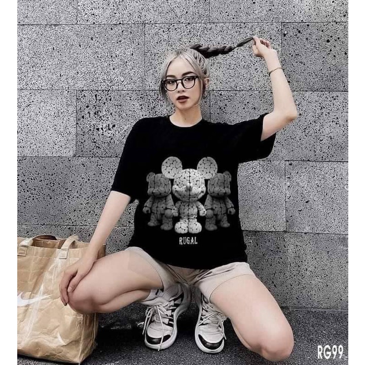 Áo phông nữ in 5d gấu Rugal màu đen. Áo thun tay lỡ Unisex Zadola fashion