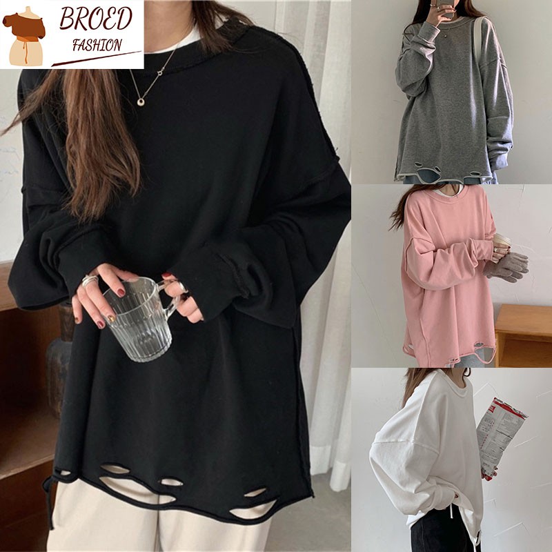 Áo Sweater Dài Tay Dáng Rộng Phối Rách Cá Tính Dành Cho Nữ