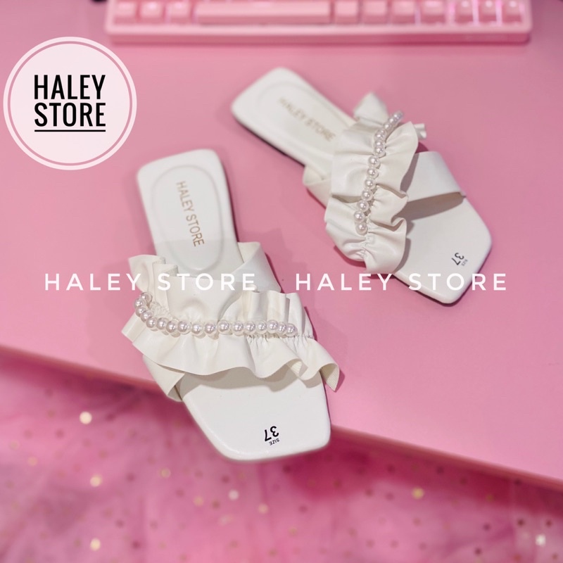 Dép nữ đế bệt quai chéo nhún bèo ngọc hot trend 2021 HALEY STORE