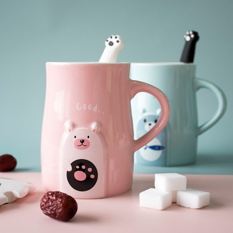 Cốc sứ PASTEL BEAR - HÌNH THẬT, ly sứ IN HÌNH THEO YÊU CẦU CÓ NẮP và THÌA, dung tích 450ml, HỘP QUÀ TẶNG