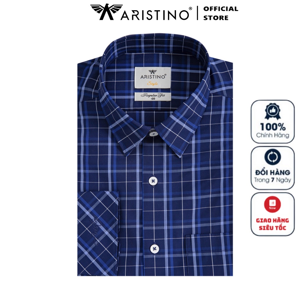 Áo Sơ Mi Nam Dài Tay ARISTINO ALS26301 Somi Công Sở Cao Cấp màu xanh than kẻ trắng vải sợi sồi dáng suông tà lượn có túi