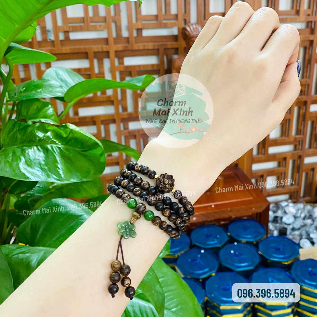 Chuỗi Trầm Hương sánh chìm 108 hạt + Cát tường ngoc bích + Sen Trầm - Vòng tay gỗ Nam Nữ tự nhiên - Hàng cao cấp loại 1
