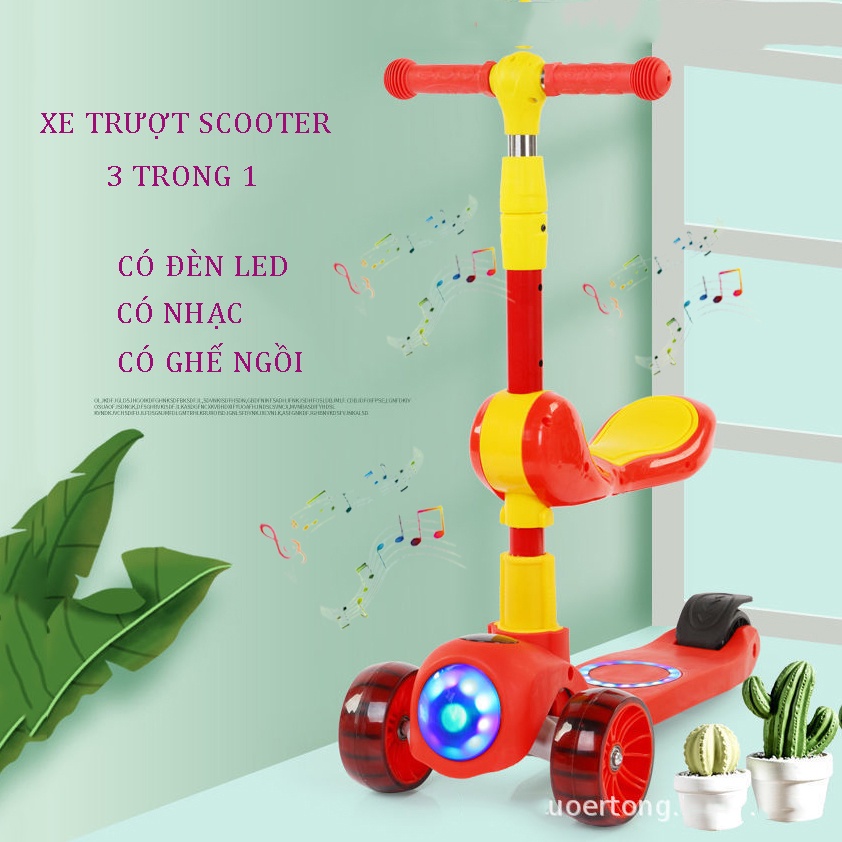 Xe Trượt, Xe tròi chân Scooter có nhạc có đèn led 3 Trong 1, Bánh Phát Sáng Cho Bé Từ 3 - 8 Tuổi Tải Trọng Lên Đến 100kg