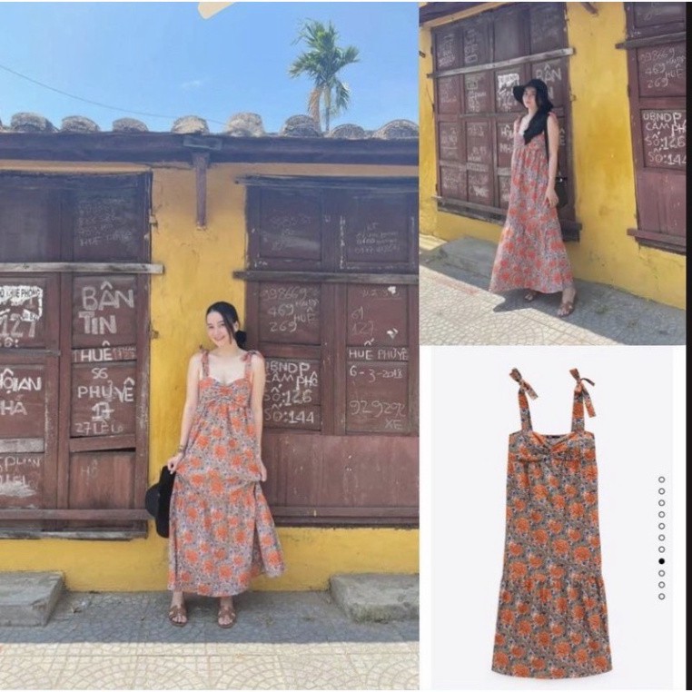 Váy đầm nữ 2s dáng dài hoa cam chun ngực Zr lụa cao cấp