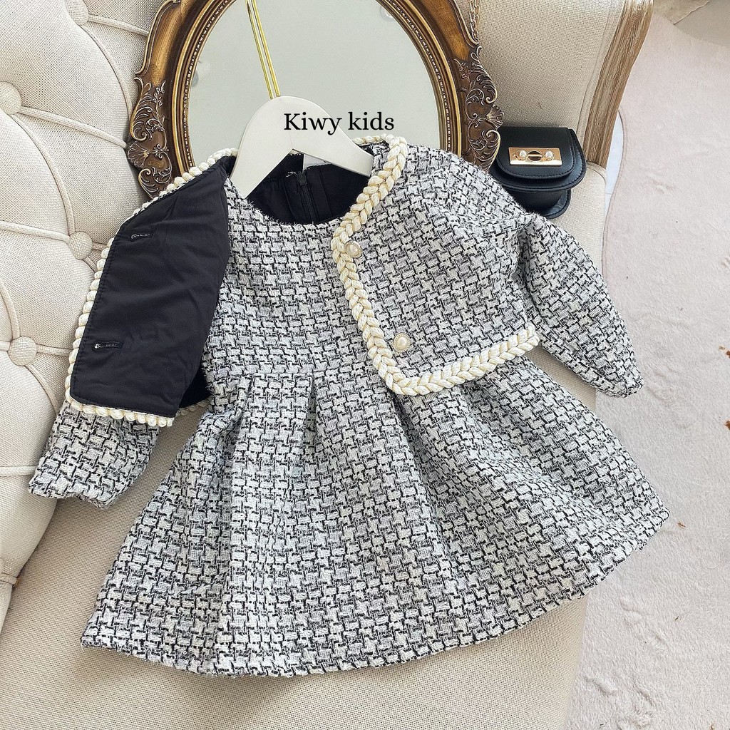 Set đồ thu đông bé gái Kiwy Kids chất liệu tweed sành điệu Kids61 gồm váy liền và áo khoác cho bé 1 đến 3 tuổi