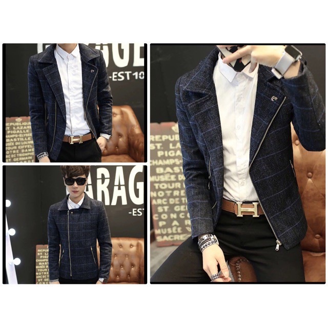 Áo vest nam dạ kẻ dáng ngắn kéo khoá mặc được nhiều kiểu thời trang Hàn Quốc - XN08