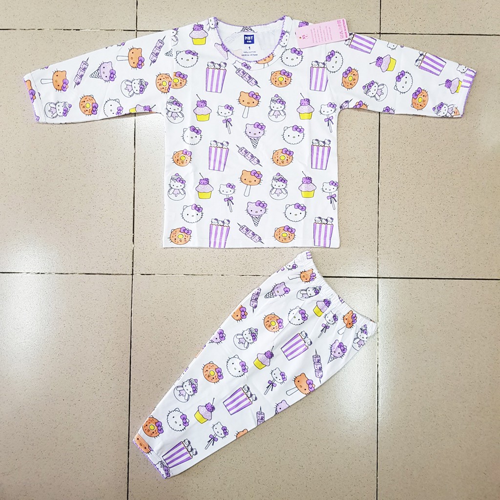 Bộ thun cotton tay dài bé gái in kitty