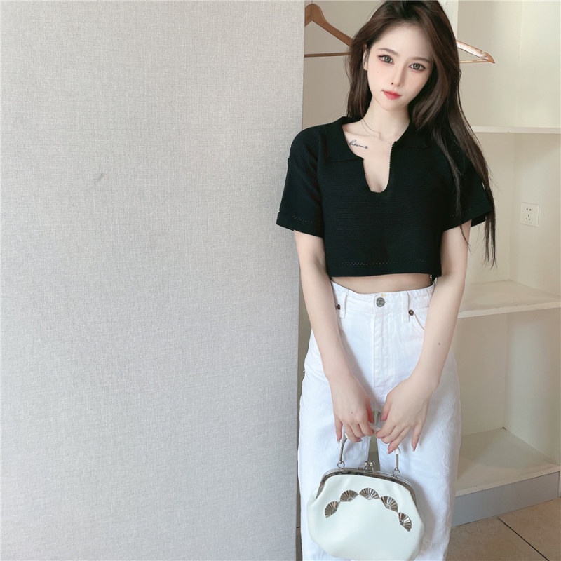 Áo Thun Dệt Kim Tay Ngắn Cổ Polo Màu Sắc Trơn Phong Cách Hàn Quốc