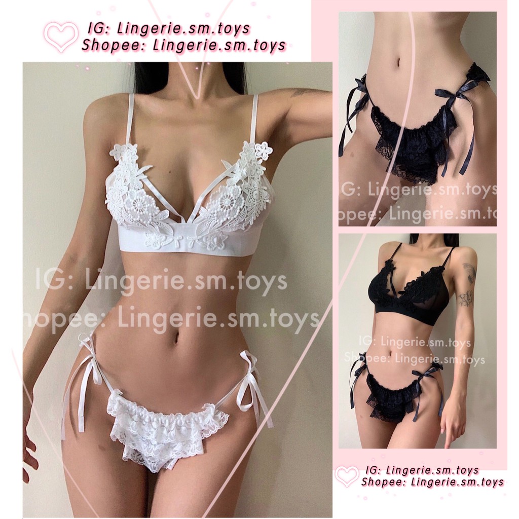 Bralette Ren Hoa Mềm Mại + Quần Lót Ren Buộc Dây Gợi Cảm - Nội Y Sexy - Đồ Lót Gợi Cảm