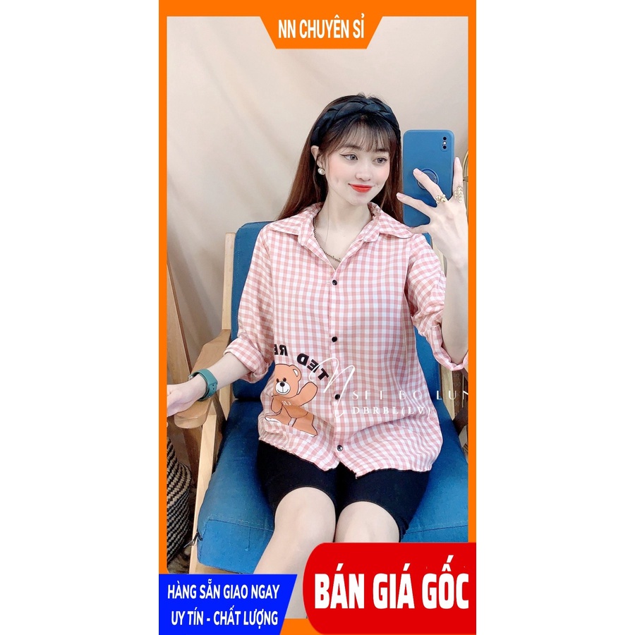 Đồ bộ ngố lửng phối sơ mi caro in gấu dễ thương chất vải mềm mát DBRBLCT