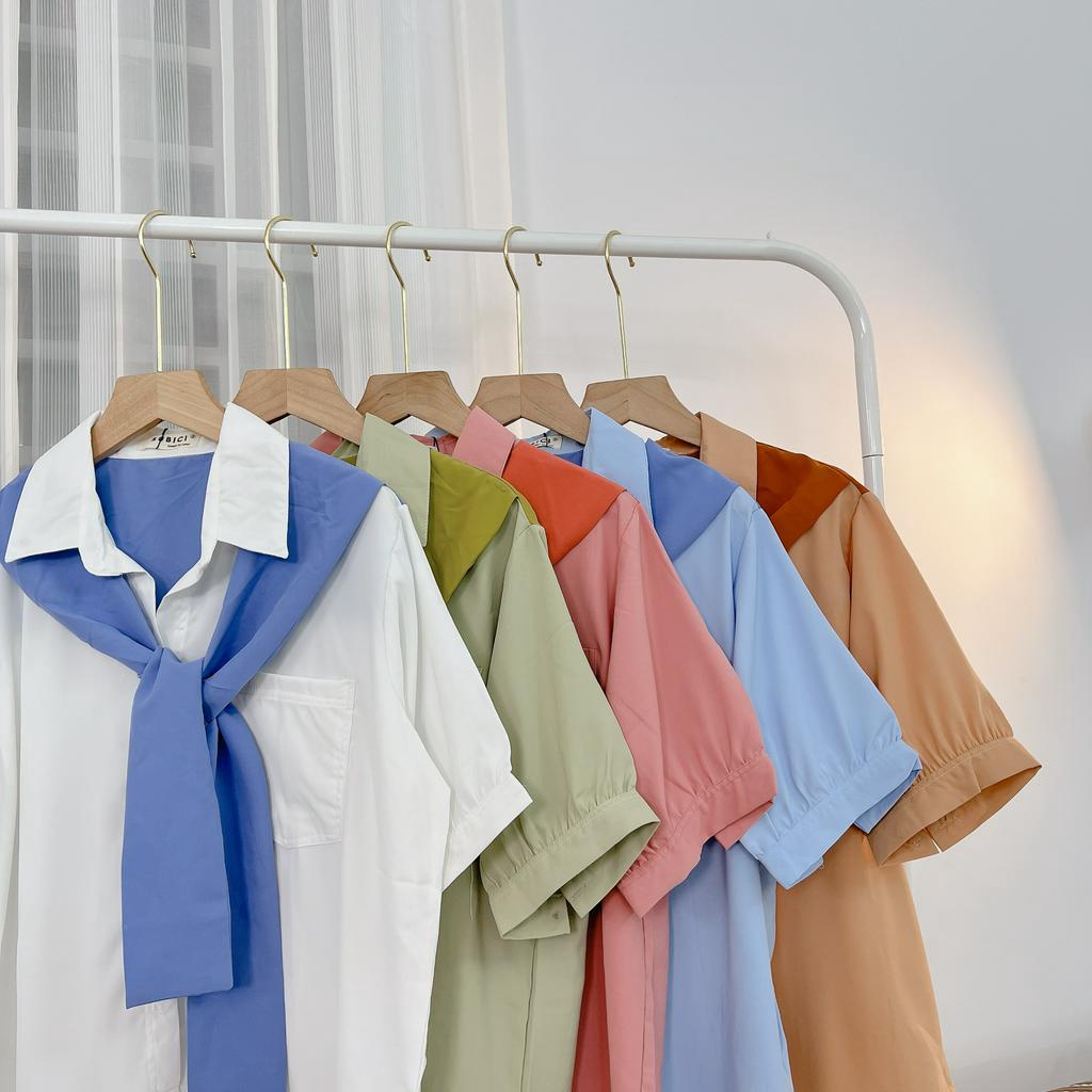 Áo Sơ Mi Nữ Màu Kèm Khăn Choàng Hàn Quốc Xinh Xắn Ngắn Tay, Sơ Mi Cột Nơ Tay Ngắn Phồng Freesize SUBICI