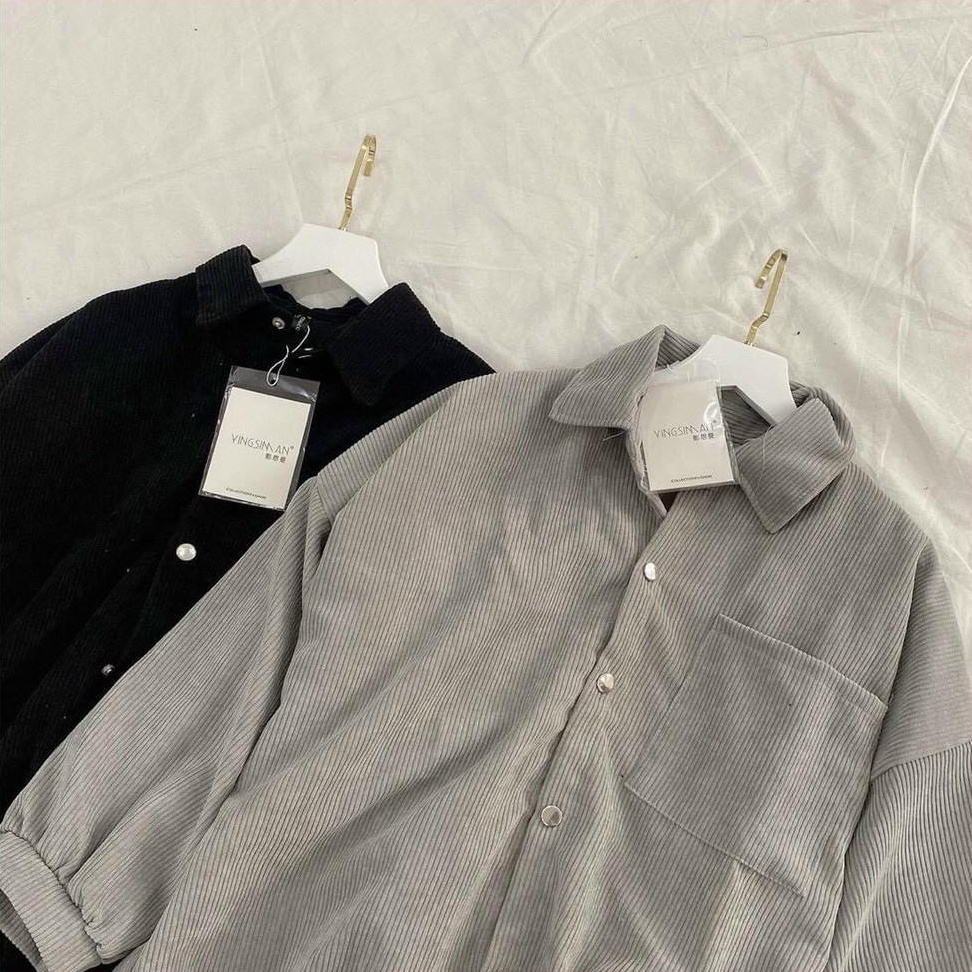 Áo Sơ Mi Nhung Gân Tăm Dáng Dài Form Rộng Nam Nữ - La mode