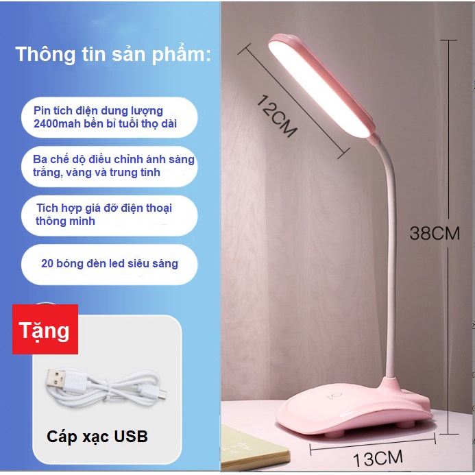 Đèn bàn học đọc sách tích điện THANG TRANG bảo vệ mắt cảm ứng 3 chế độ ánh sáng biến thiên