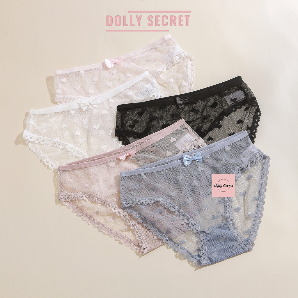Quần lót ren xuyên thấu siêu mỏng sexy  gợi cảm họa tiết trái tim đính nơ mát mẻ quyến rũ cho nữ DOLLY SECRET QL051