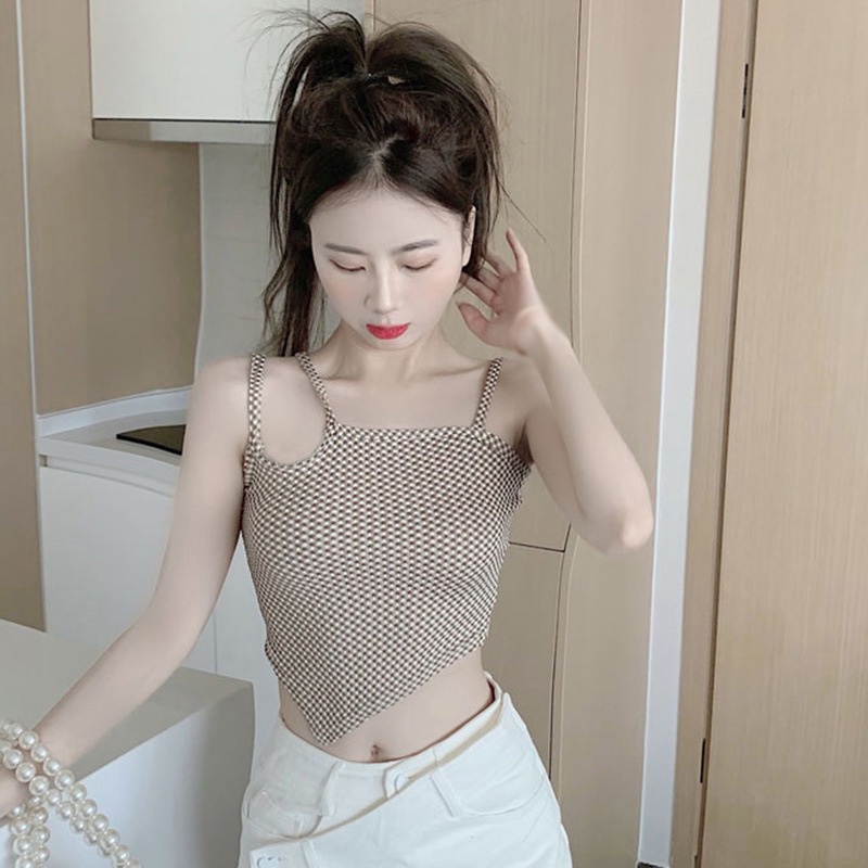 Áo Croptop Dệt Kim Hai Dây Hở Lưng Họa Tiết Sọc Caro Thiết Kế Không Đồng Đều Quyến Rũ Thời Trang Cho Nữ