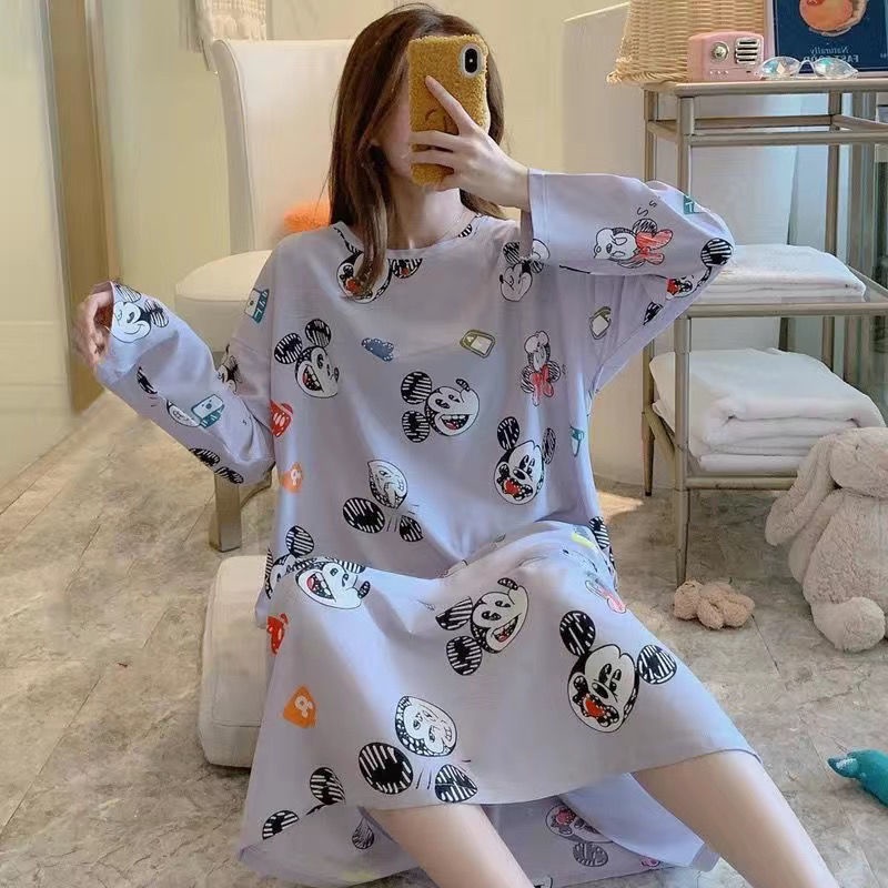 Đầm Ngủ Tay Dài Dáng Rộng Plus Size Thời Trang Xuân Thu Cho Nữ