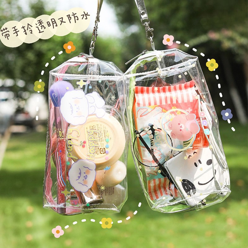 Hộp đựng bút, mỹ phẩm trong suốt, cỡ lớn có dây đeo, hình cute