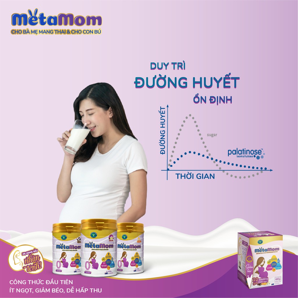 Sữa bột cho mẹ bầu Nutricare MetaMom giảm nguy cơ đái tháo đường thai kỳ (hương cam, vani, socola) 900g