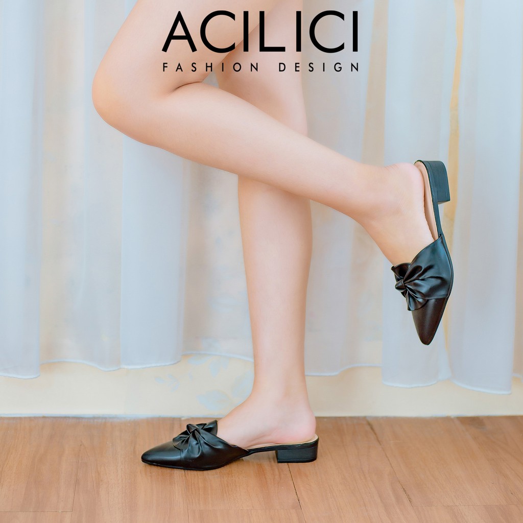 Giày sục nữ ACILICI thời trang mũi nhọn quai xoắn nơ fom chuẩn size 35-40 gót cao 2cm màu đen và kem_TC019 | BigBuy360 - bigbuy360.vn