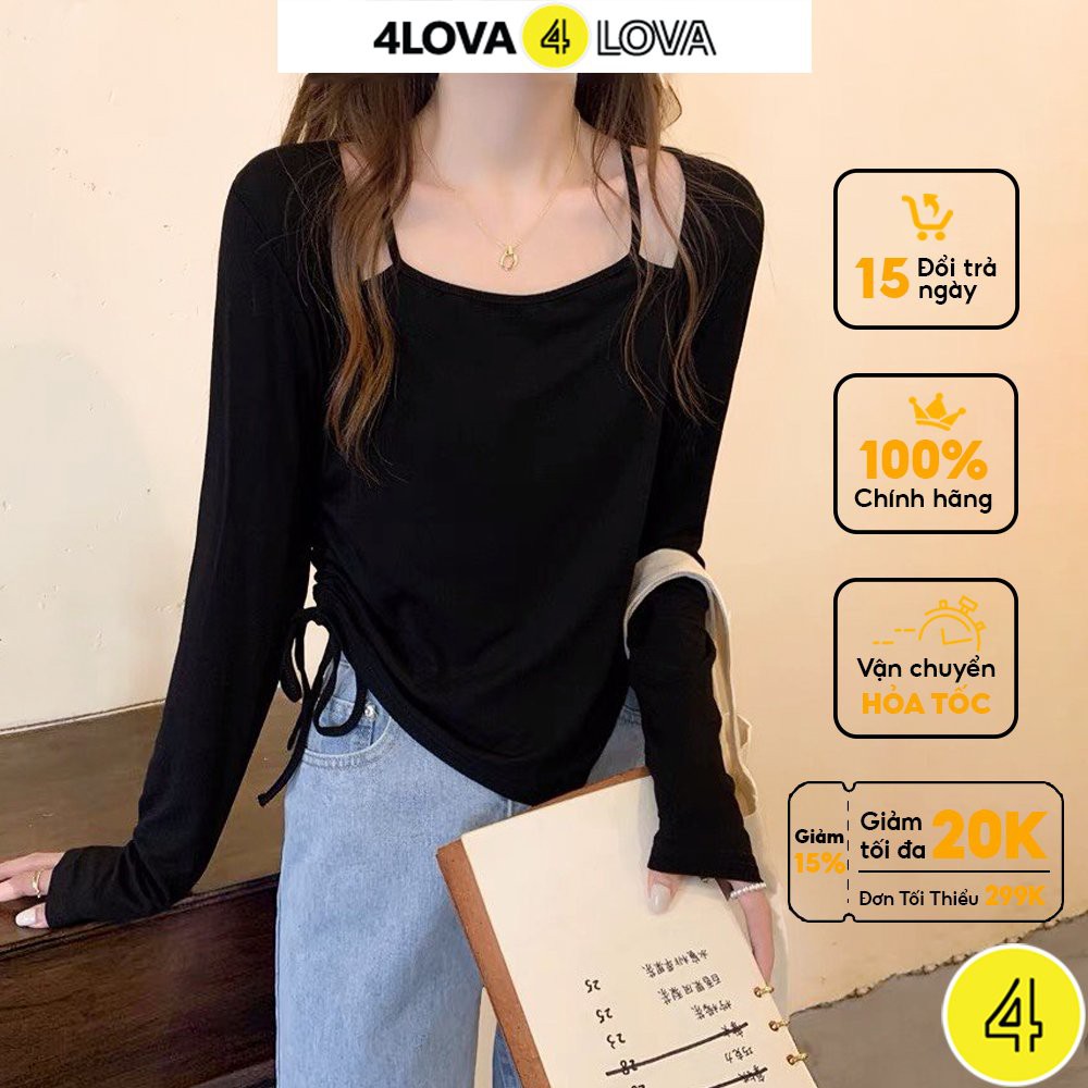 Áo thun kiểu dài tay body nữ 4LOVA thiết kế cổ yếm xẻ tà phối dây rút quyến rũ freesize