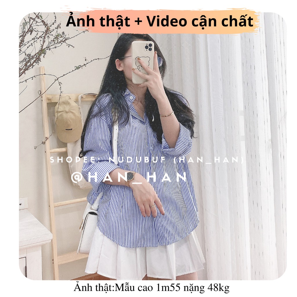 Áo sơ mi kẻ sọc xanh nữ dáng rộng kiểu dáng Hàn Quốc