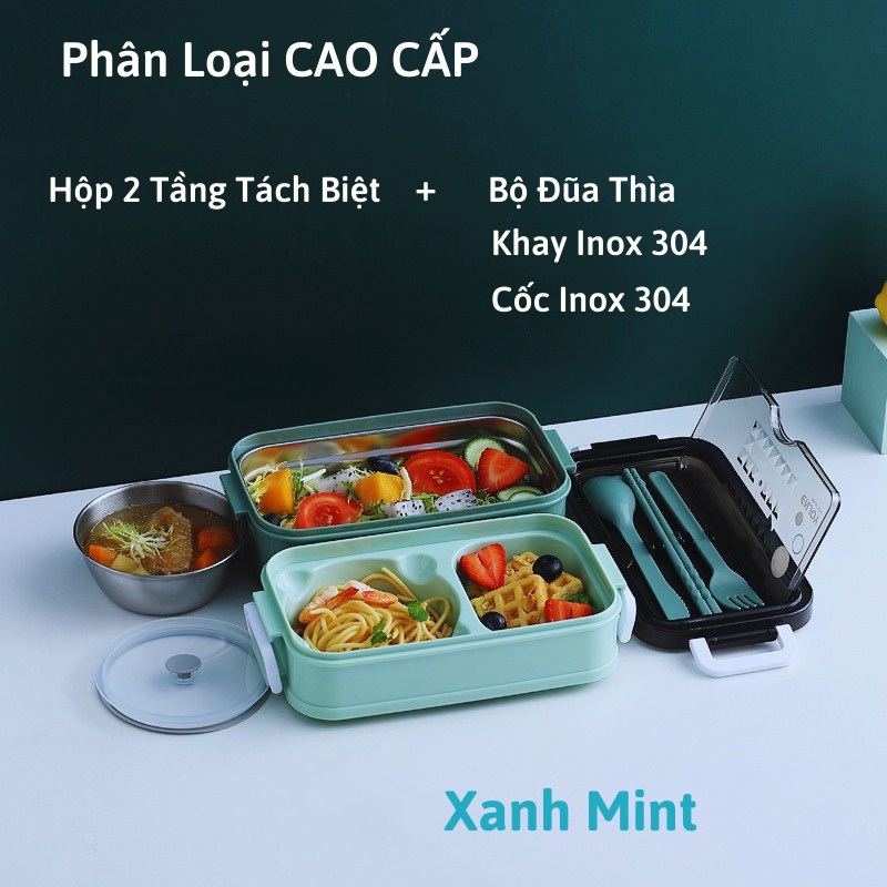 Hộp đựng cơm văn phòng giữ nhiệt chất liệu Inox 2 tầng tặng kèm đũa thìa dĩa cao cấp