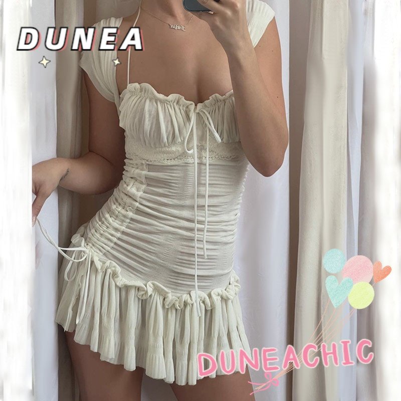 Đầm DUNEA tay ngắn cổ vuông thiết kế xếp ly cột dây xinh xắn thời trang cho nữ