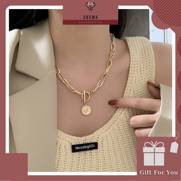 Vòng cổ choker, dây chuyền bạc titan nam nữ cao cấp SNOWA mặt hình tròn