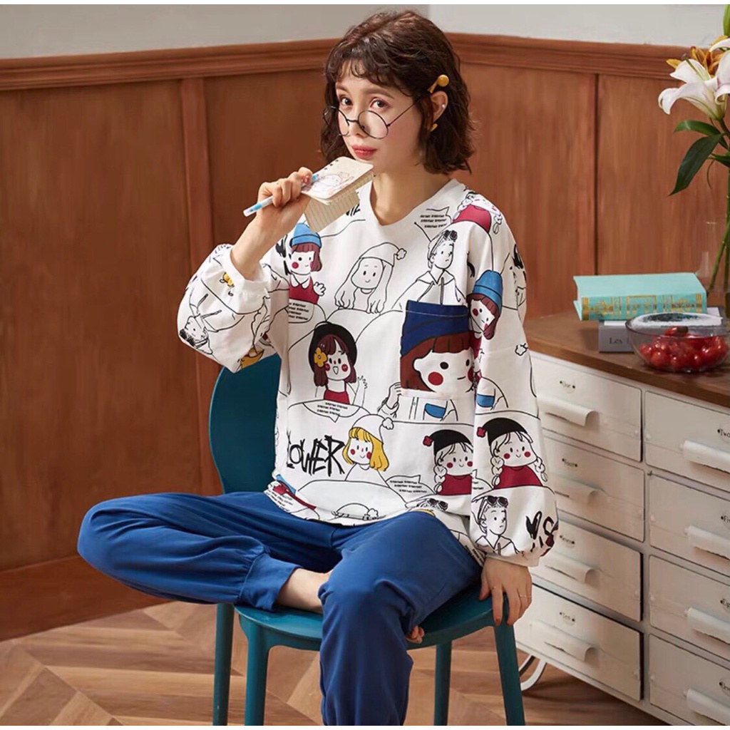 Bộ ngủ nữ hoạt hình siêu xinh chất cotton mịn JUNIDO