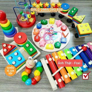 Bộ đồ chơi gỗ Foxi-Đồ chơi trẻ em thông minh-Xâu hạt làm toán Montessori-Giúp bé hiểu biết thêm về màu sắc-Hình khối