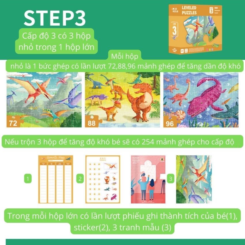 Xếp hình cho bé từ 3 tuổi puzzle 5 cấp độ level up loại cao cấp tặng kèm sticker và bảng thành tích
